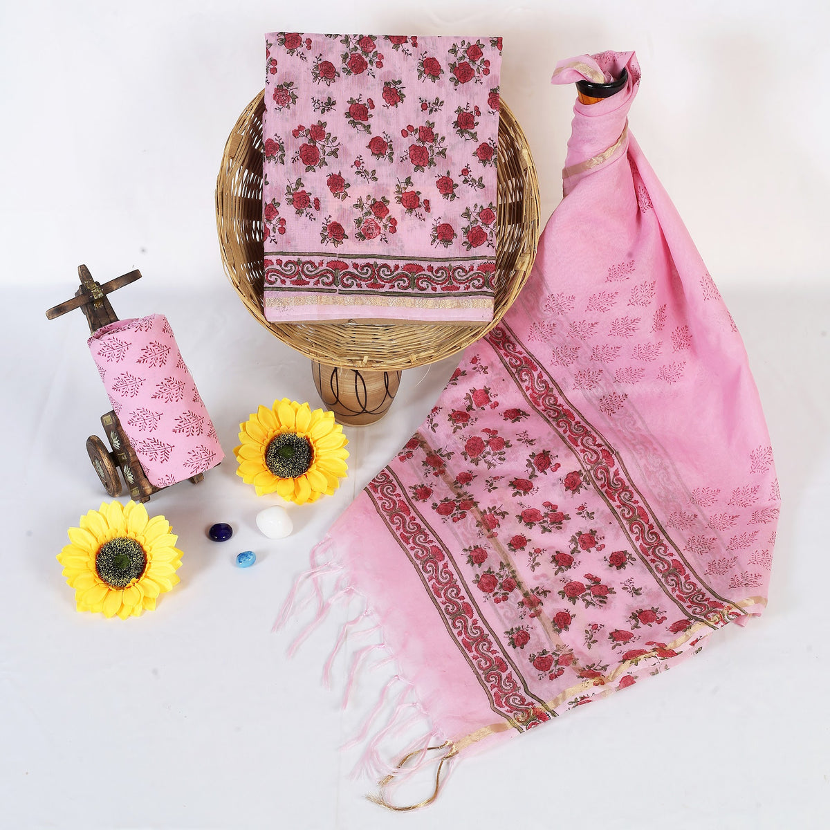 Gulabi Gulshan Pink Rose Floral Chanderi silk hand block print suit material