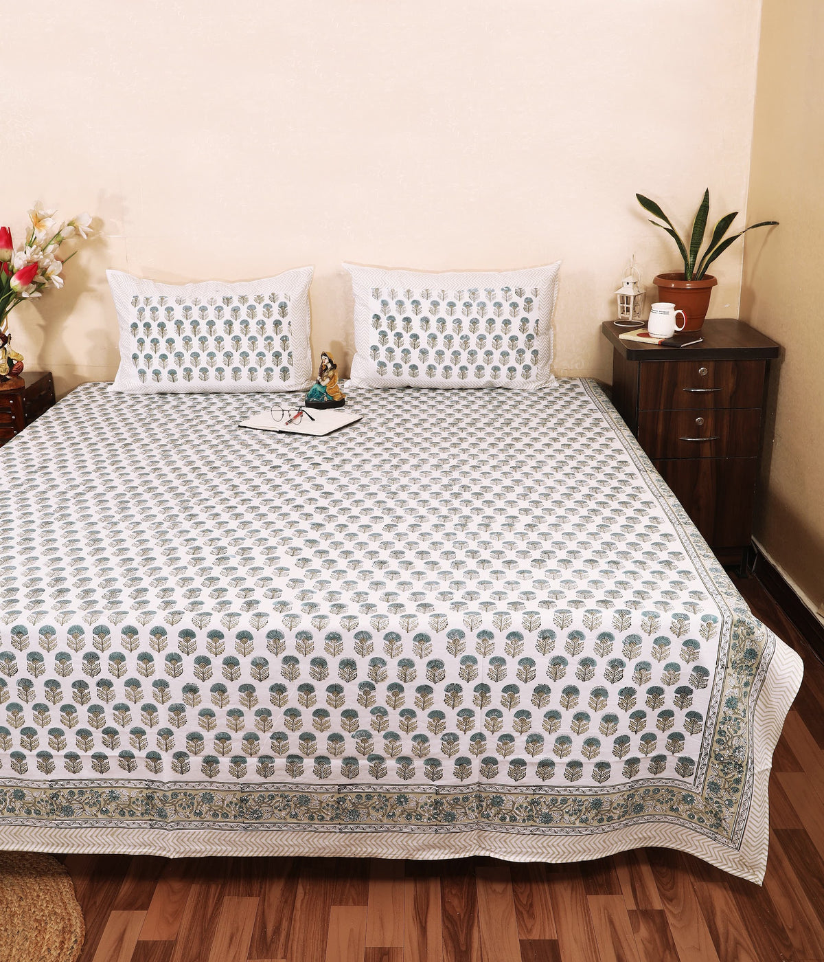 Sage Paisley hand block printed Murugan cotton double bedsheet 95x108 with 2 pillow covers – sage and grey – wholesale Jaipur – view 2