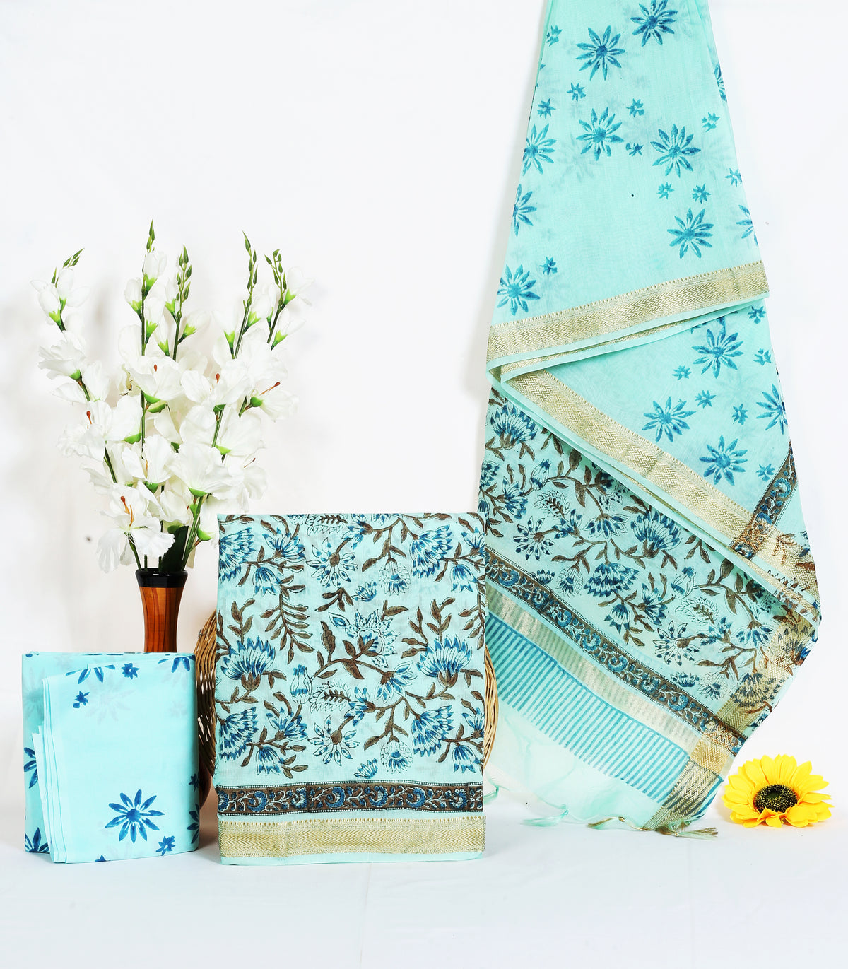 Aasmani Phool aqua blue flower maheshwari silk hand block print suit material with zari border – wholesale Jaipur