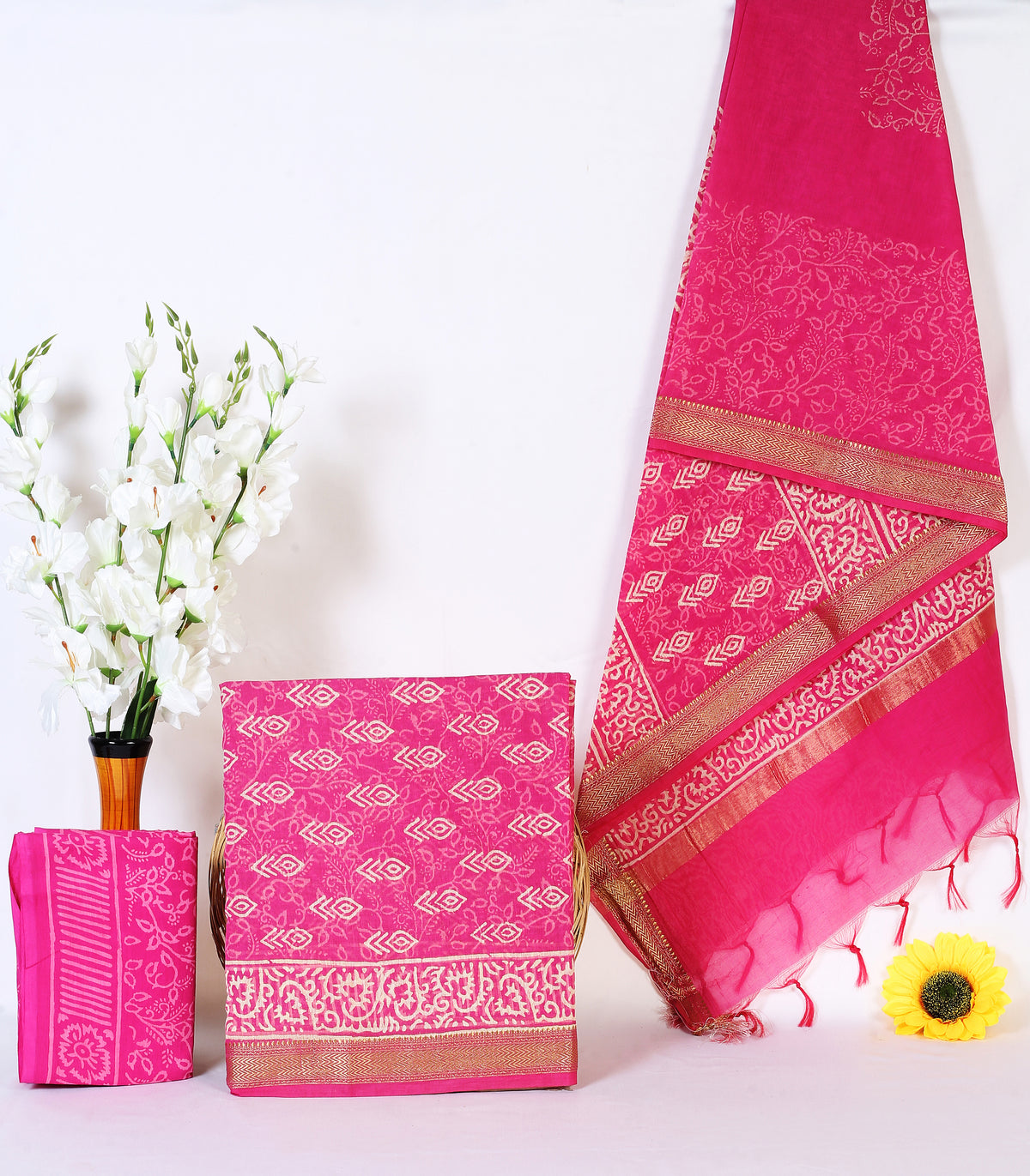 Rani Jaal rani pink jaal maheshwari silk hand block print suit material with zari border – wholesale Jaipur