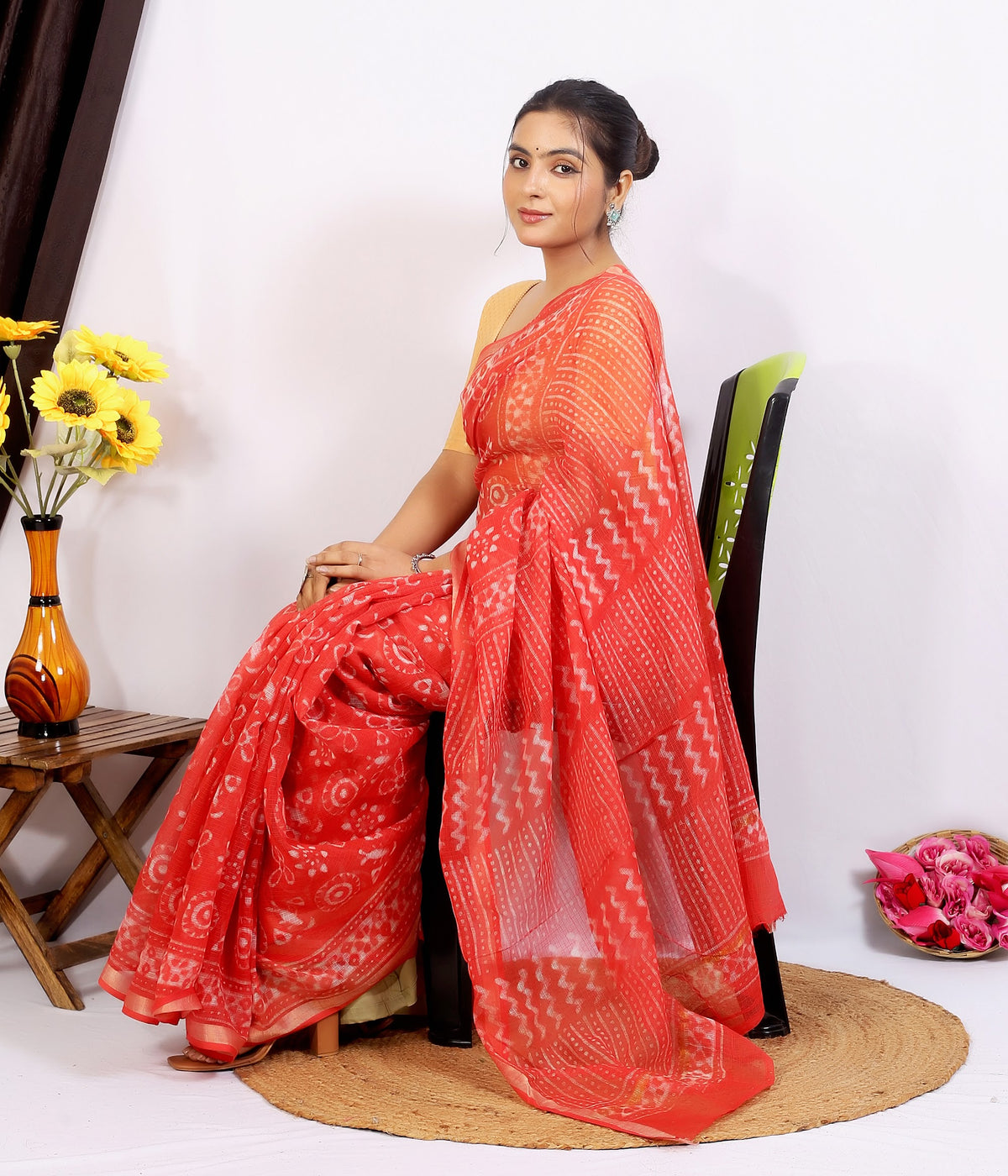 Coral Floral Buta Kota Doria bagru hand block print saree with blouse – coral – wholesale Jaipur – view 3