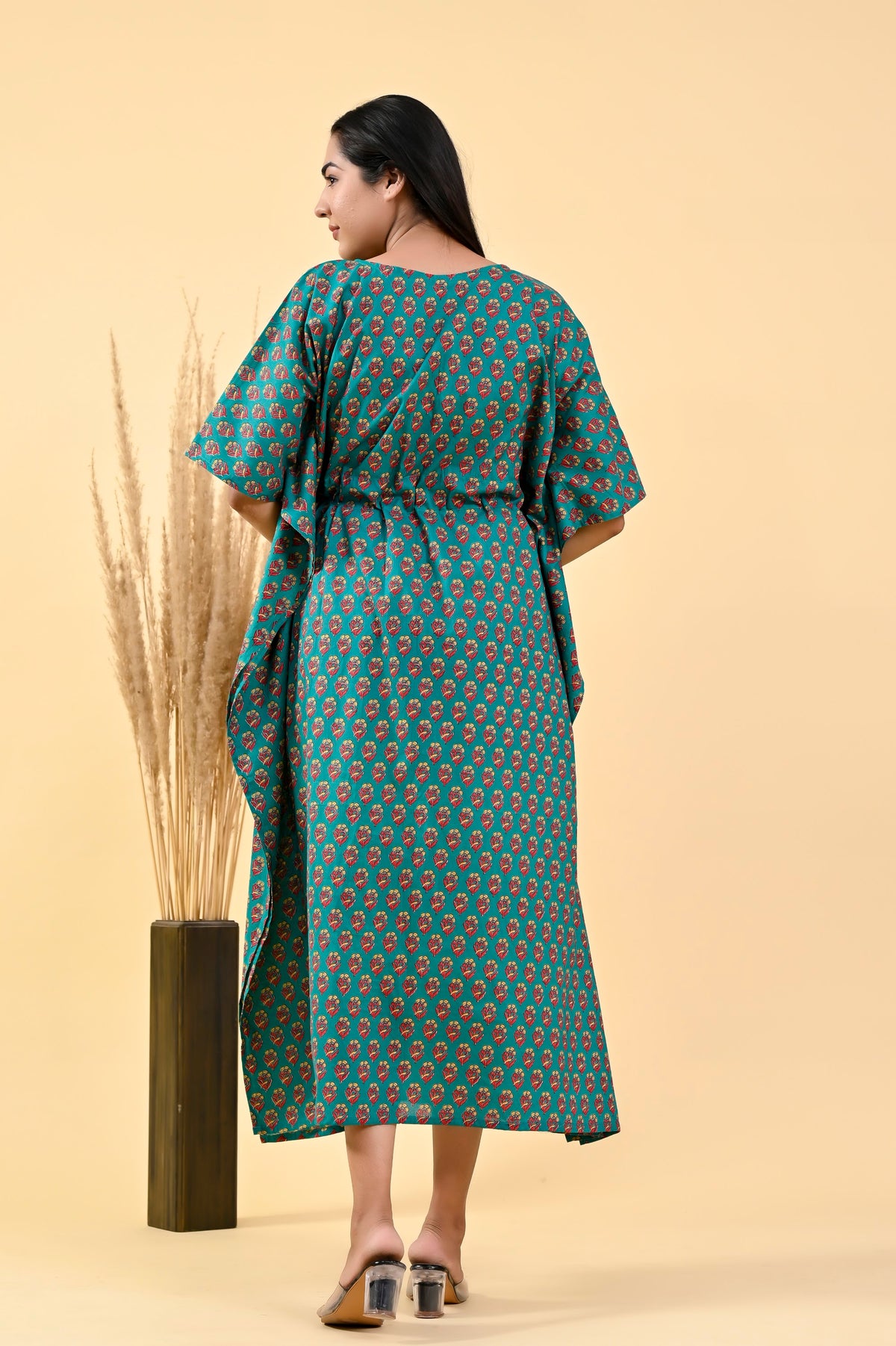 Teal Green Floral long kaftan – make to order wholesale – view 2
