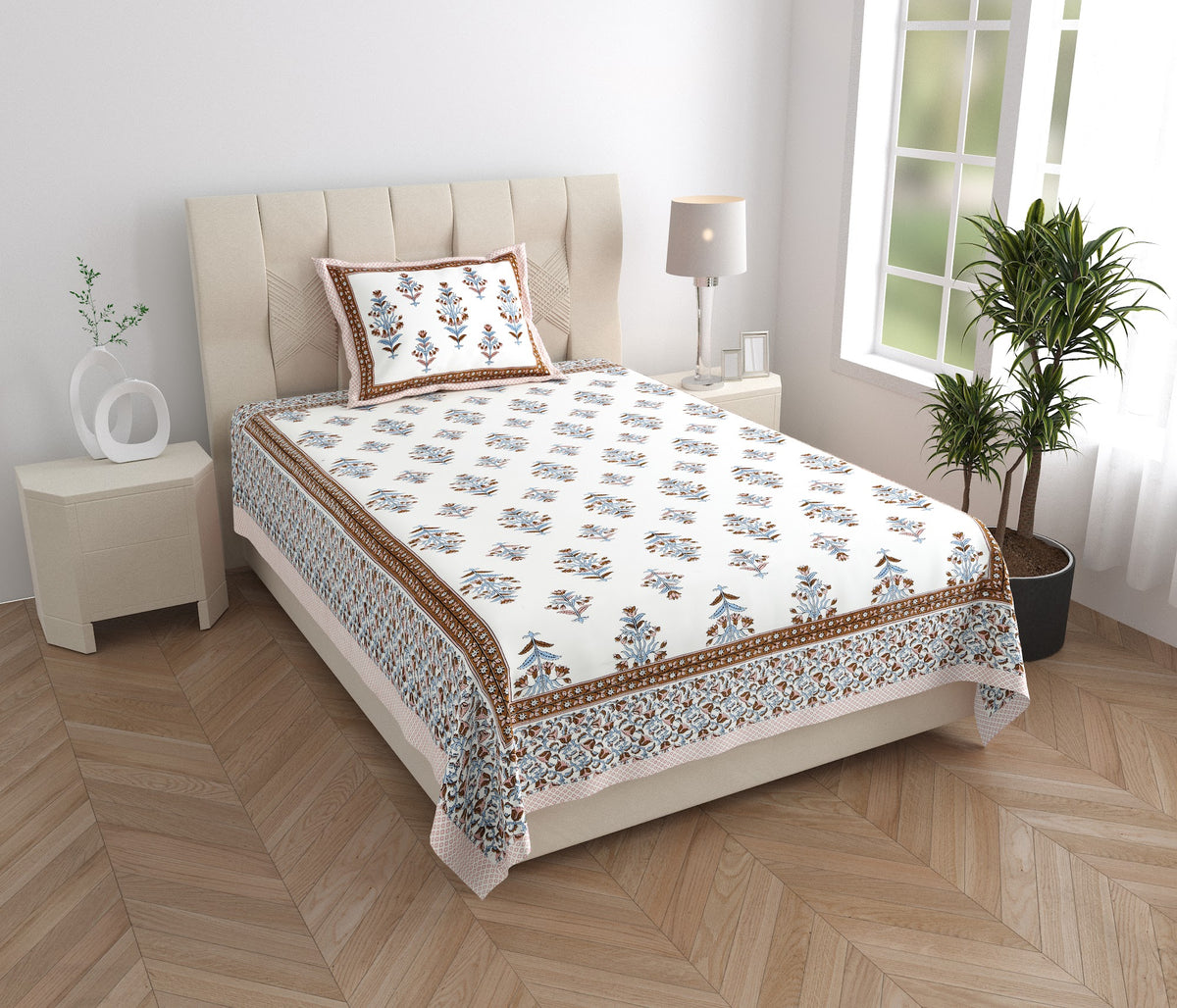 Elora Brown Border Mughal Buta Murugan cotton single bedsheet 60x90 with pillow cover – brown – wholesale Jaipur – view 5