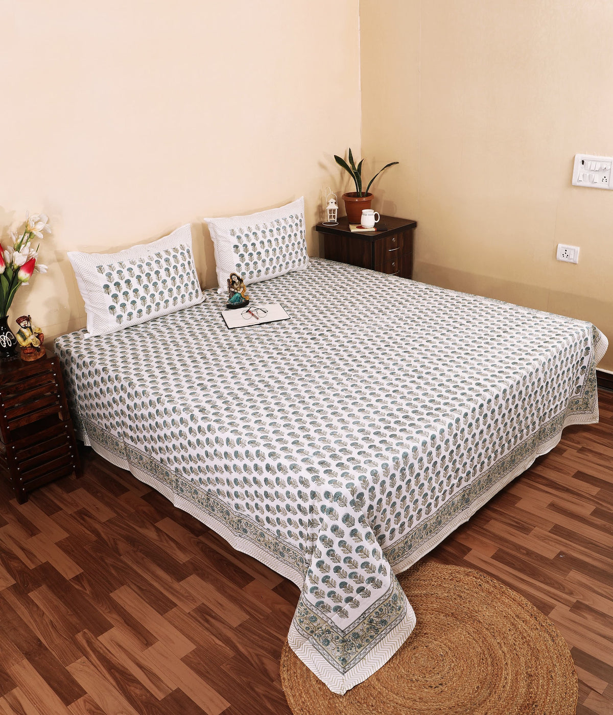 Sage Paisley hand block printed Murugan cotton double bedsheet 95x108 with 2 pillow covers – sage and grey – wholesale Jaipur