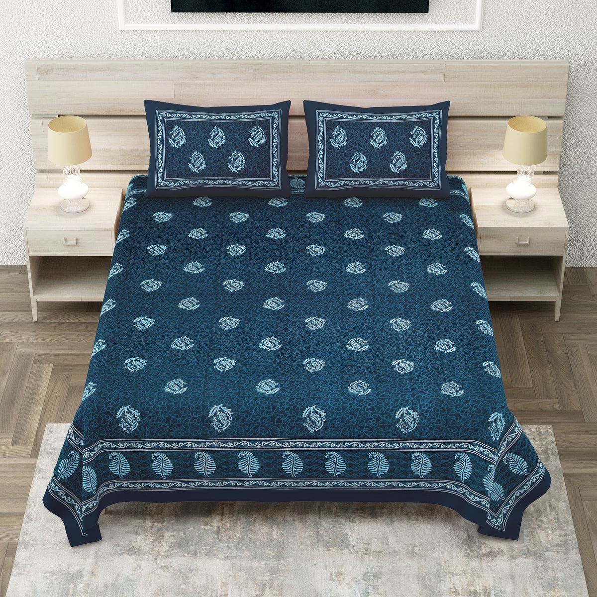 Royal Sanganer Indigo Leaf Buta Pure Cotton Double Bedsheet 90x108 with 2 Pillow Covers Bedsheet 1qpTq2P8dKAqRzR_6Jki69q-KwT0Ow_QW_w2000