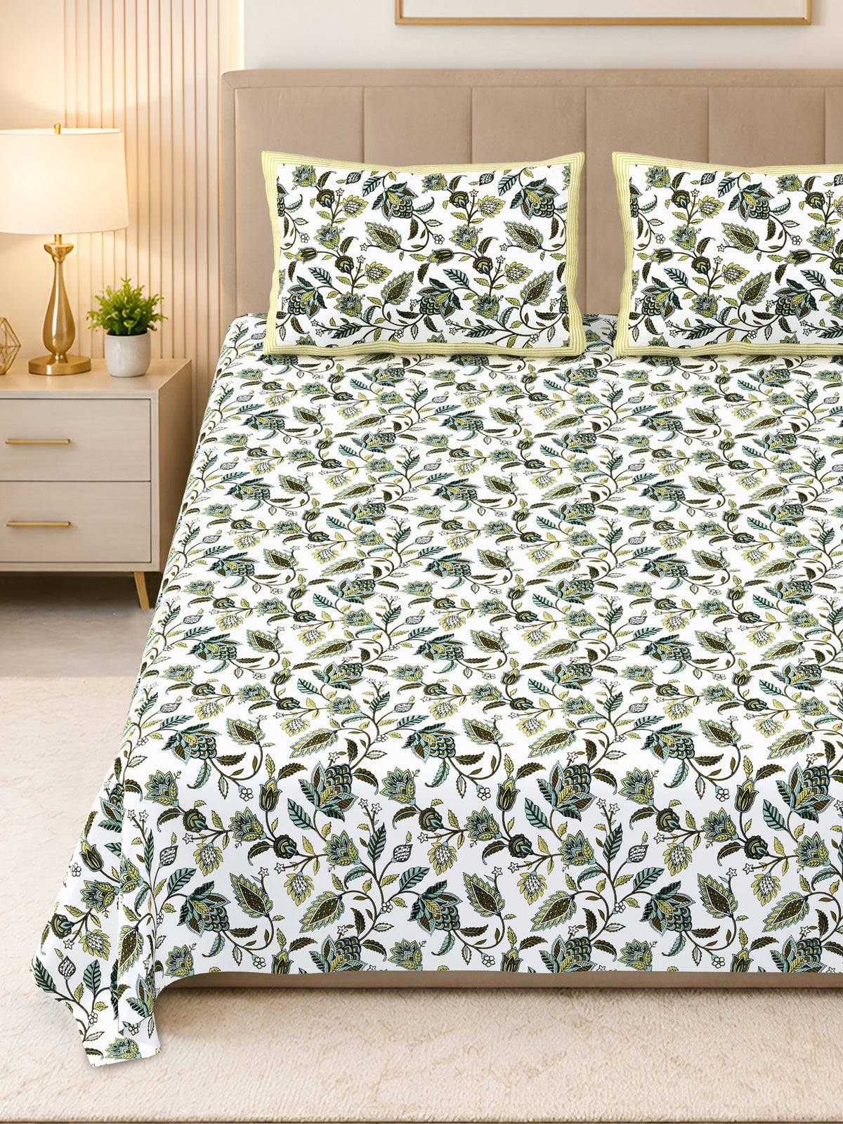Kalashree Olive Leaf Jaal premium cotton double bedsheet 100x108 with 2 pillow covers – olive green – wholesale Jaipur – view 6