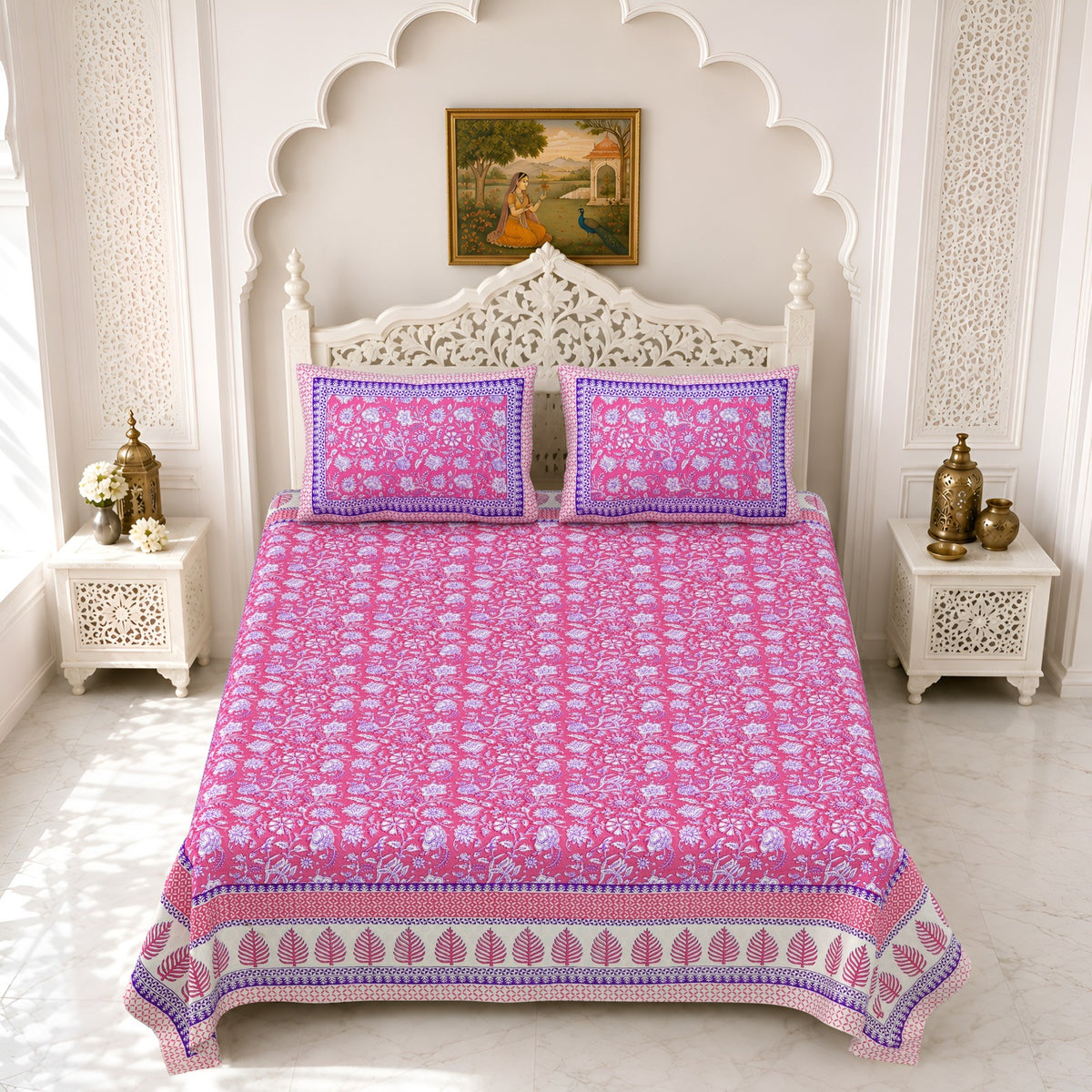 Premium Royal Block Pink Leaf Border Cotton Double Bedsheet 90x108 with 2 Pillow Covers Bedsheet 1qxhT-hM19NoIBaJuQM7UfJX5U0FogkH__w2000