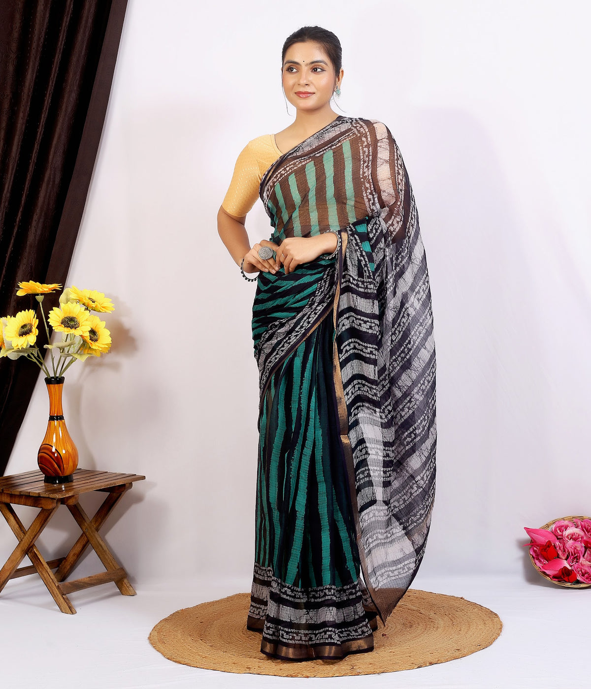 Bottle Green Black Dabu Kota Doria dabu hand block print saree with blouse – bottle green and black – wholesale Jaipur