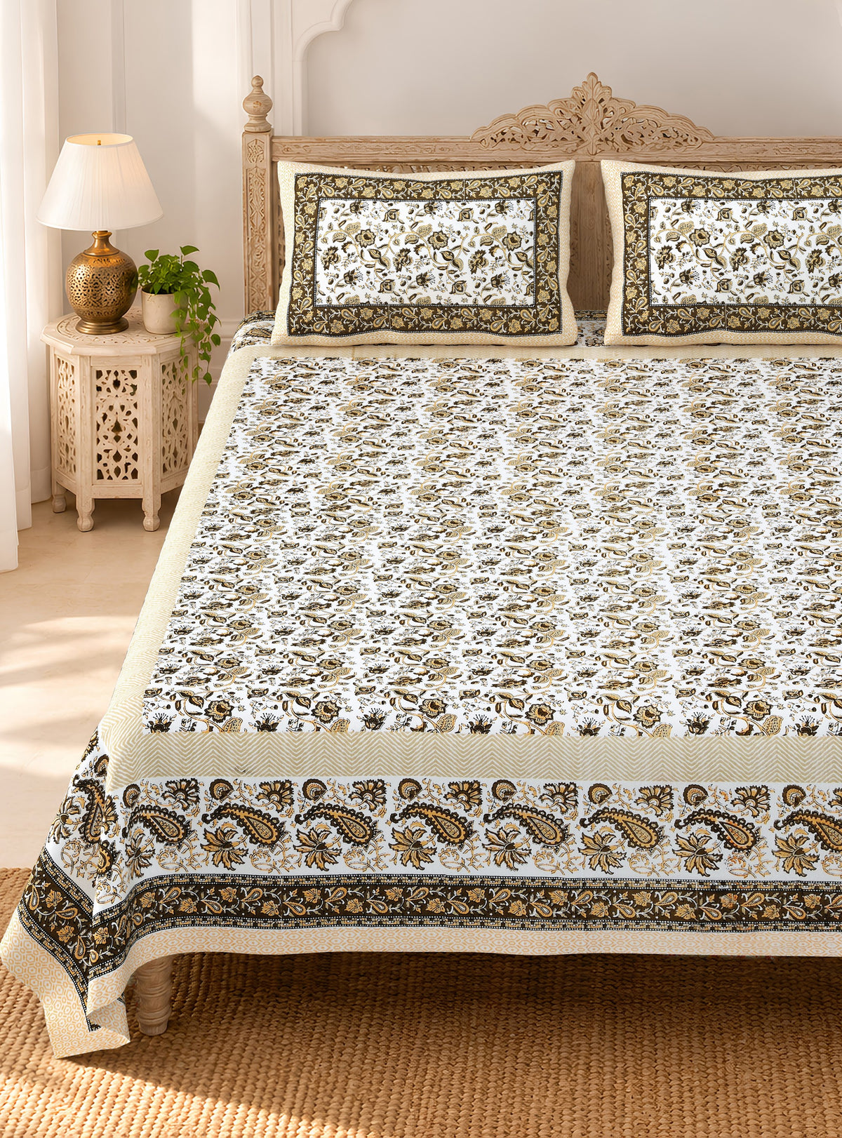 Cream Mehendi Floral Jaal pure cotton double bedsheet 90x108 – Unnati collection – view 2