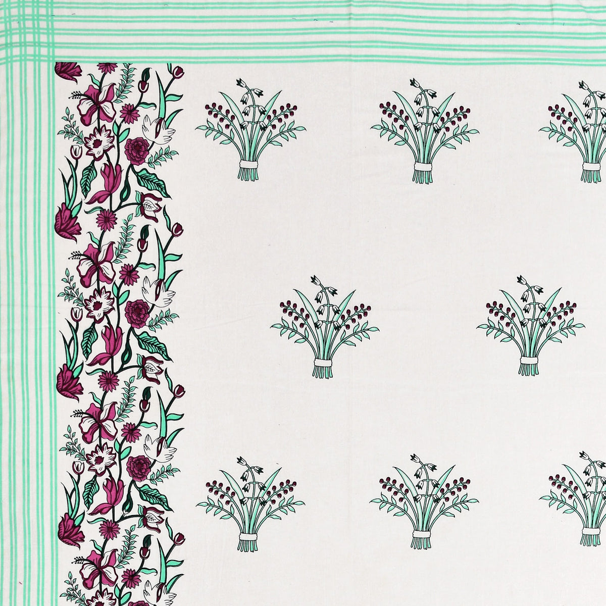 Kalashree Mint Border Floral Bel premium cotton double bedsheet 100x108 with 2 pillow covers – mint green and grey – wholesale Jaipur – view 3