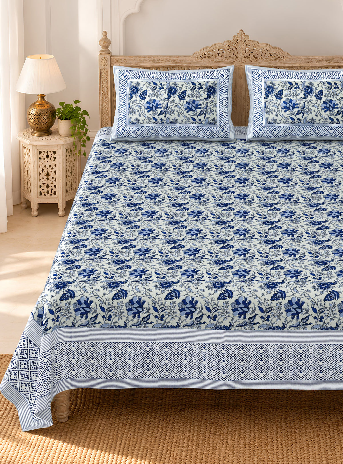 Indigo Floral Bel pure cotton double bedsheet 90x108 – Unnati collection – view 2