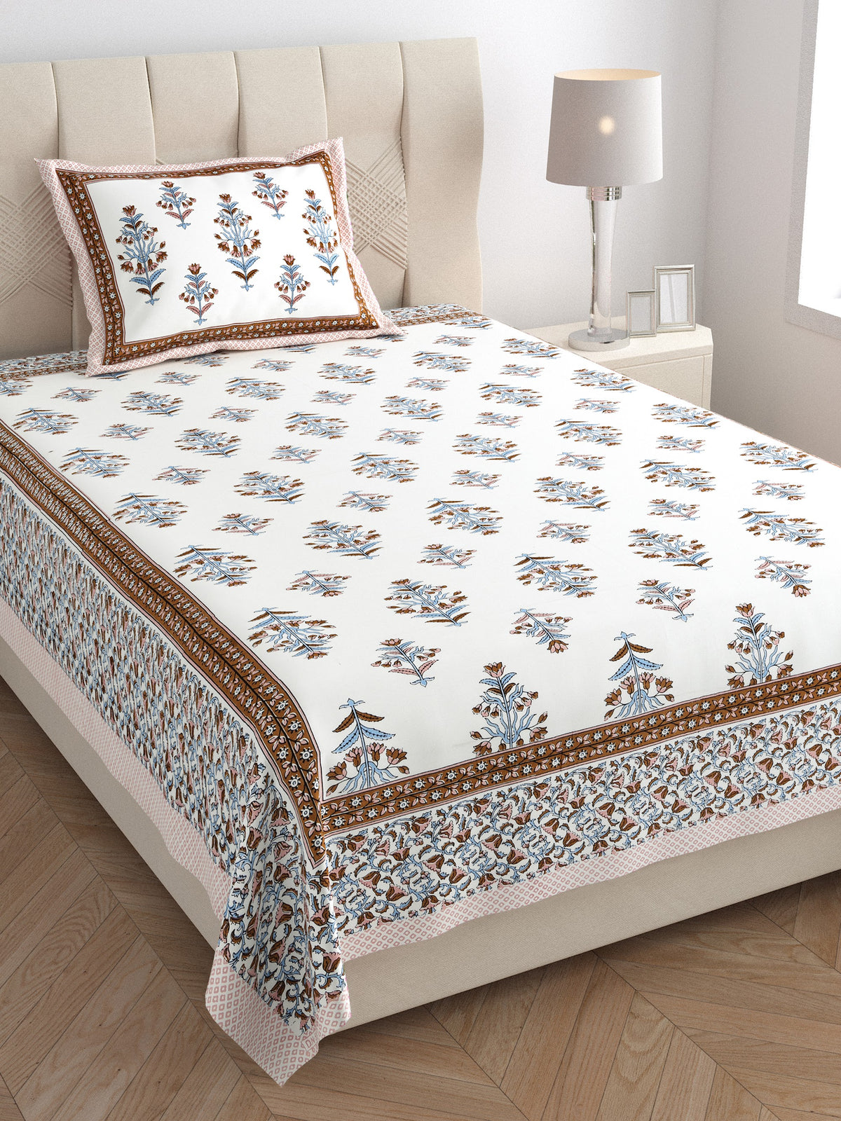 Elora Brown Border Mughal Buta Murugan cotton single bedsheet 60x90 with pillow cover – brown – wholesale Jaipur