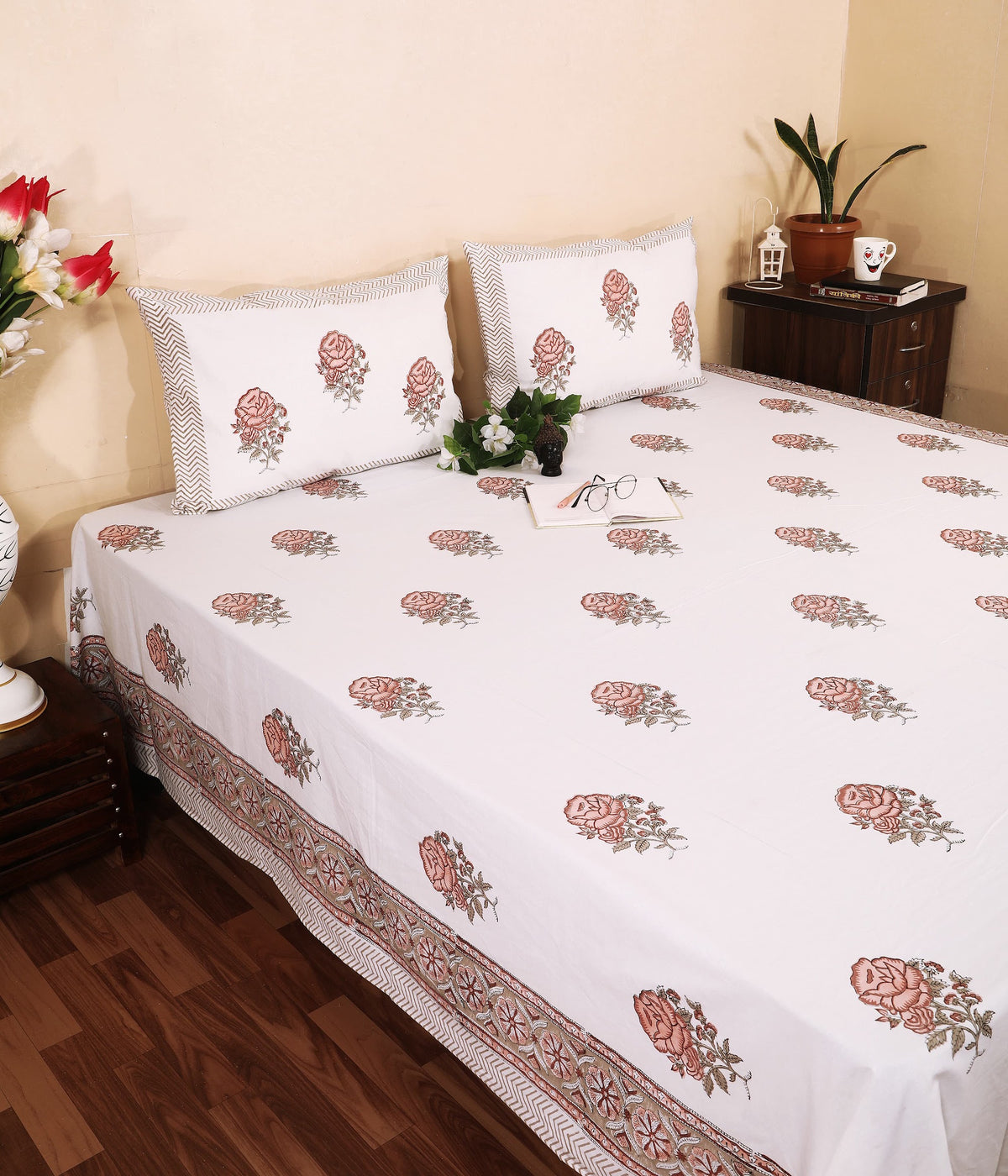 Coral Gulab hand block printed Murugan cotton double bedsheet 95x108 with 2 pillow covers – coral and grey – wholesale Jaipur – view 2