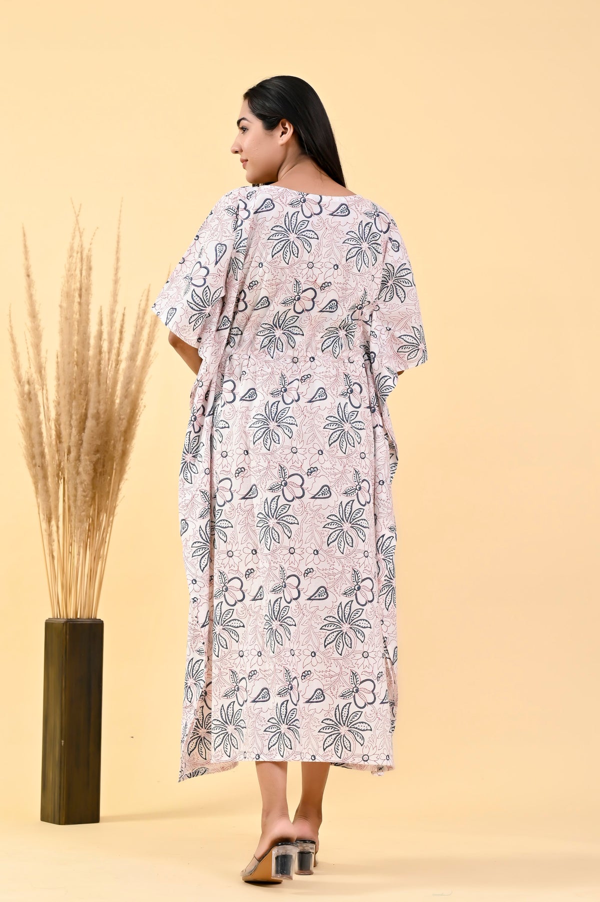 White Blue Floral long kaftan – make to order wholesale – view 2