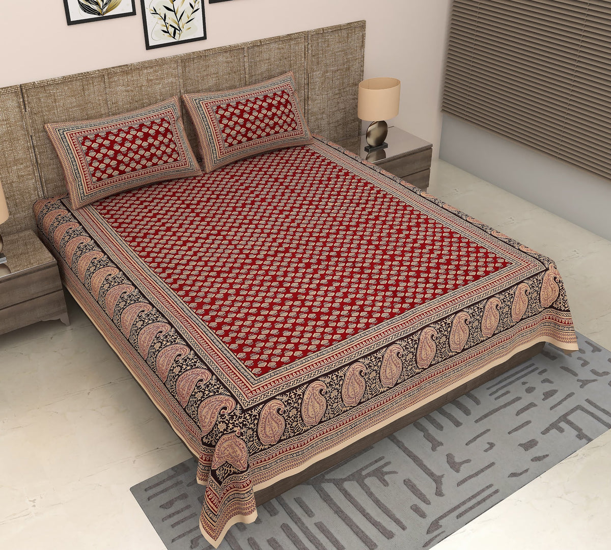 Royal Sanganer Red Chowkdi Jaal Pure Cotton Double Bedsheet 90x108 with 2 Pillow Covers Bedsheet 1s-c4bUGXZp0wCZquYiaqoZQlXlvaXE2K_w2000