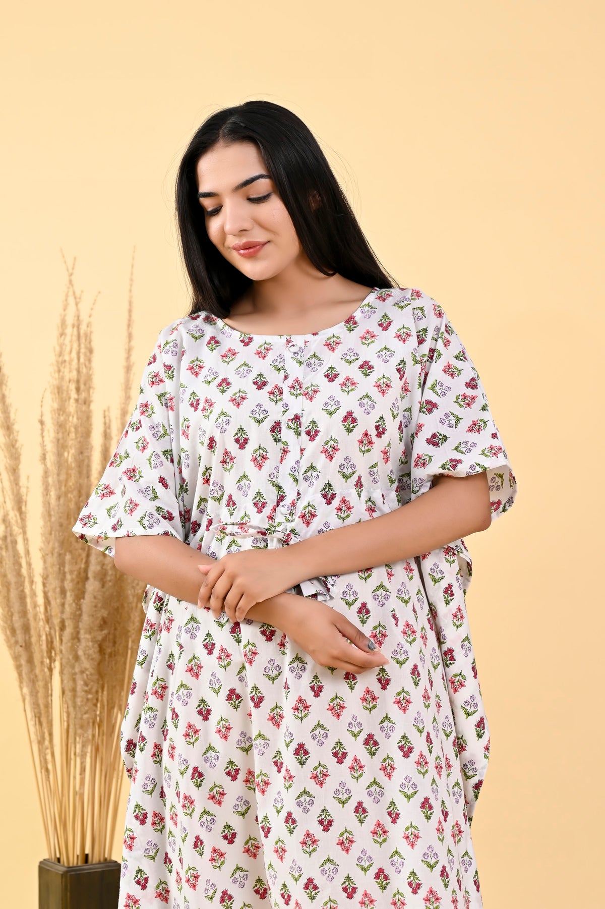 White Pink Booti long kaftan – make to order wholesale – view 5
