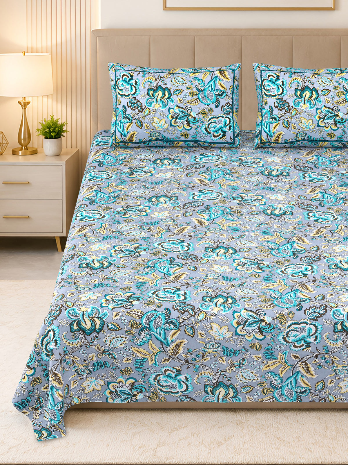 Kalashree Grey Aqua Floral Jaal premium cotton double bedsheet 100x108 with 2 pillow covers – grey and aqua – wholesale Jaipur