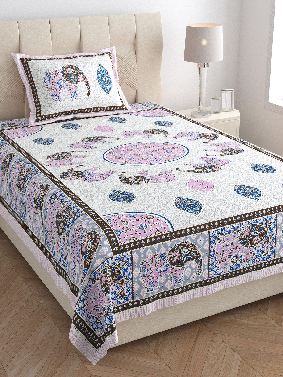 Elora Lilac Elephant Mandala Murugan cotton single bedsheet 60x90 with pillow cover – lilac – wholesale Jaipur