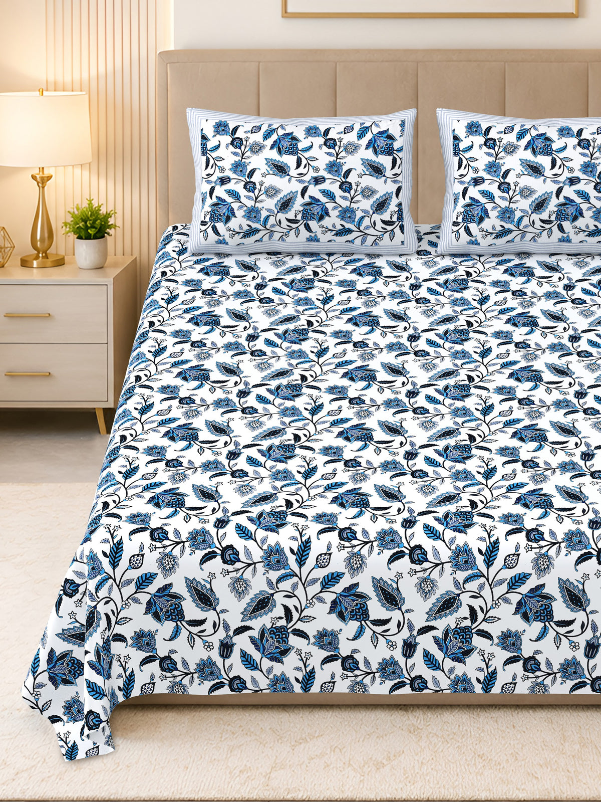 Kalashree Indigo Floral Jaal premium cotton double bedsheet 100x108 with 2 pillow covers – indigo blue – wholesale Jaipur