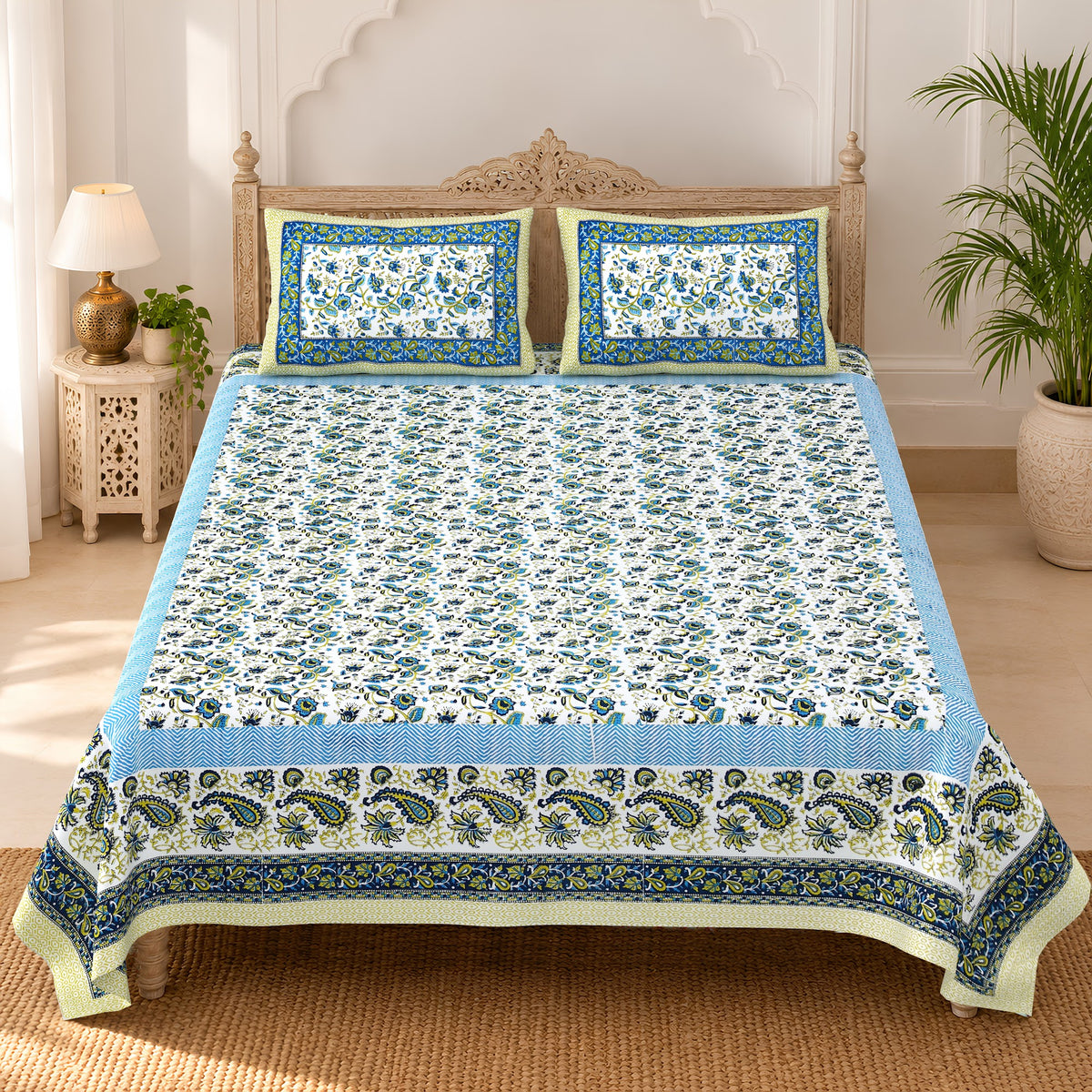 Teal Floral Jaal pure cotton double bedsheet 90x108 – Unnati collection