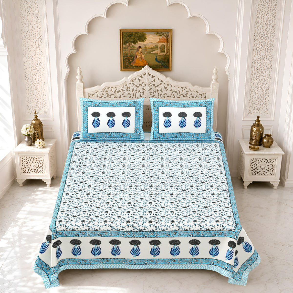 Premium Royal Block Aqua Tulip Border Cotton Double Bedsheet 90x108 with 2 Pillow Covers Bedsheet 1s_kWnpQunI17rxTHs3Z2cQpqC9z4Ccrs_w2000