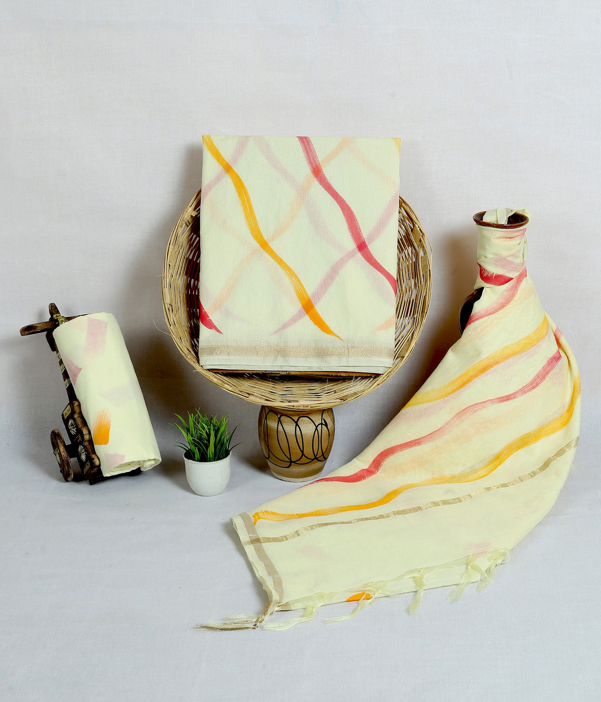 Malai Leheriya Cream Leheriya Chanderi silk tie-dye suit material