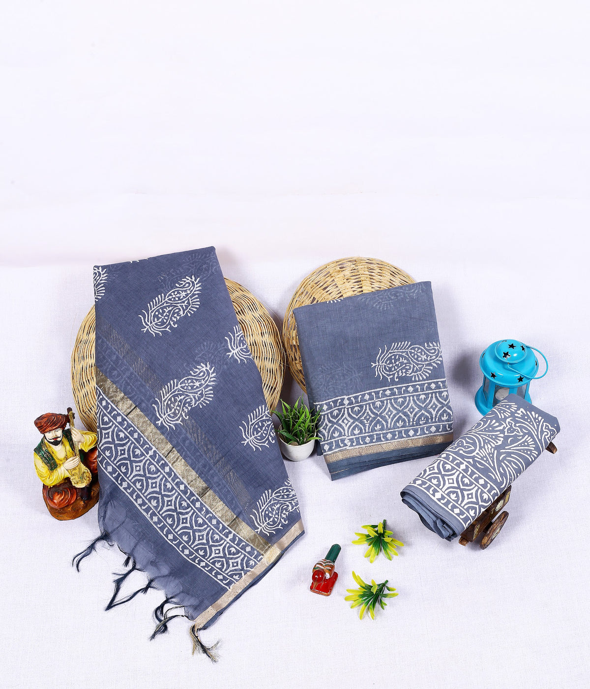 Saleti Kairi Grey Blue Paisley Chanderi silk hand block print suit material