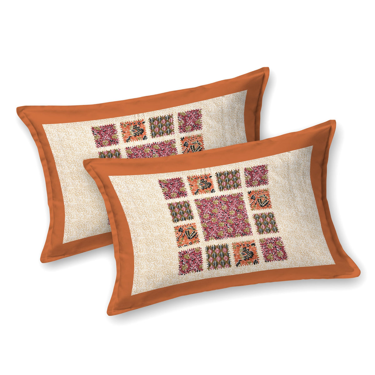 Kalashree Rust Patchwork Check premium cotton double bedsheet 100x108 with 2 pillow covers – rust and multicolour – wholesale Jaipur – view 2