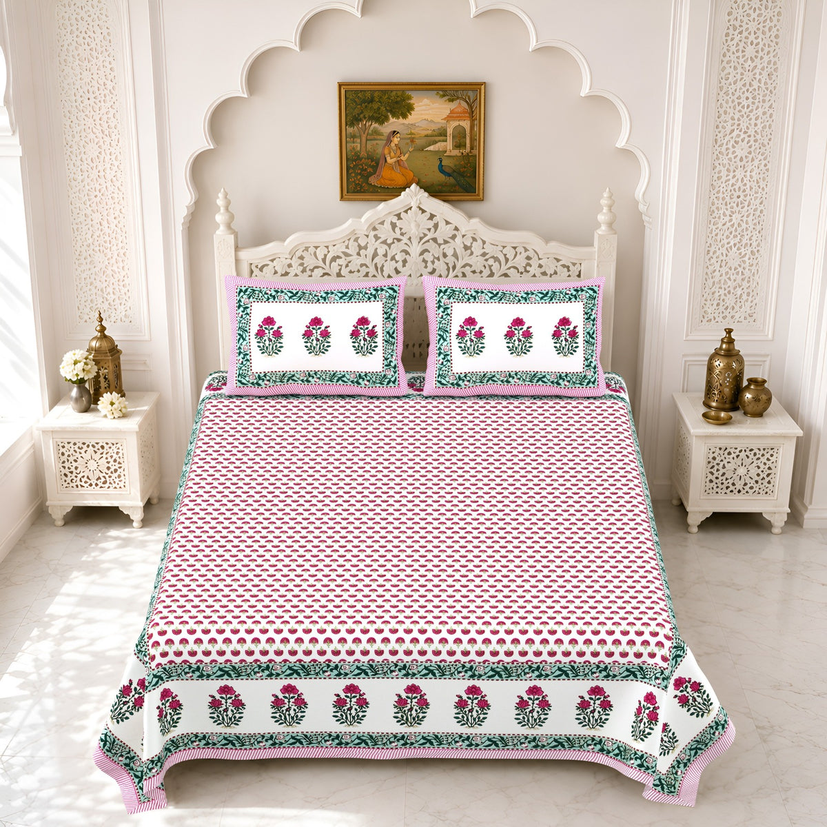 Premium Royal Block Pink Tulip Border Cotton Double Bedsheet 90x108 with 2 Pillow Covers Bedsheet 1swCbcJd1V5vqne7smaypScAr34ahGc_6_w2000