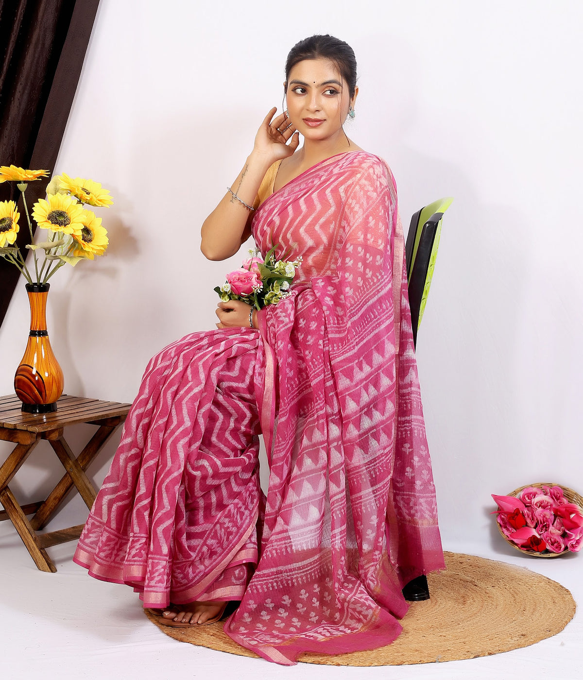 Pink Floral Buta Kota Doria bagru hand block print saree with blouse – pink – wholesale Jaipur – view 3