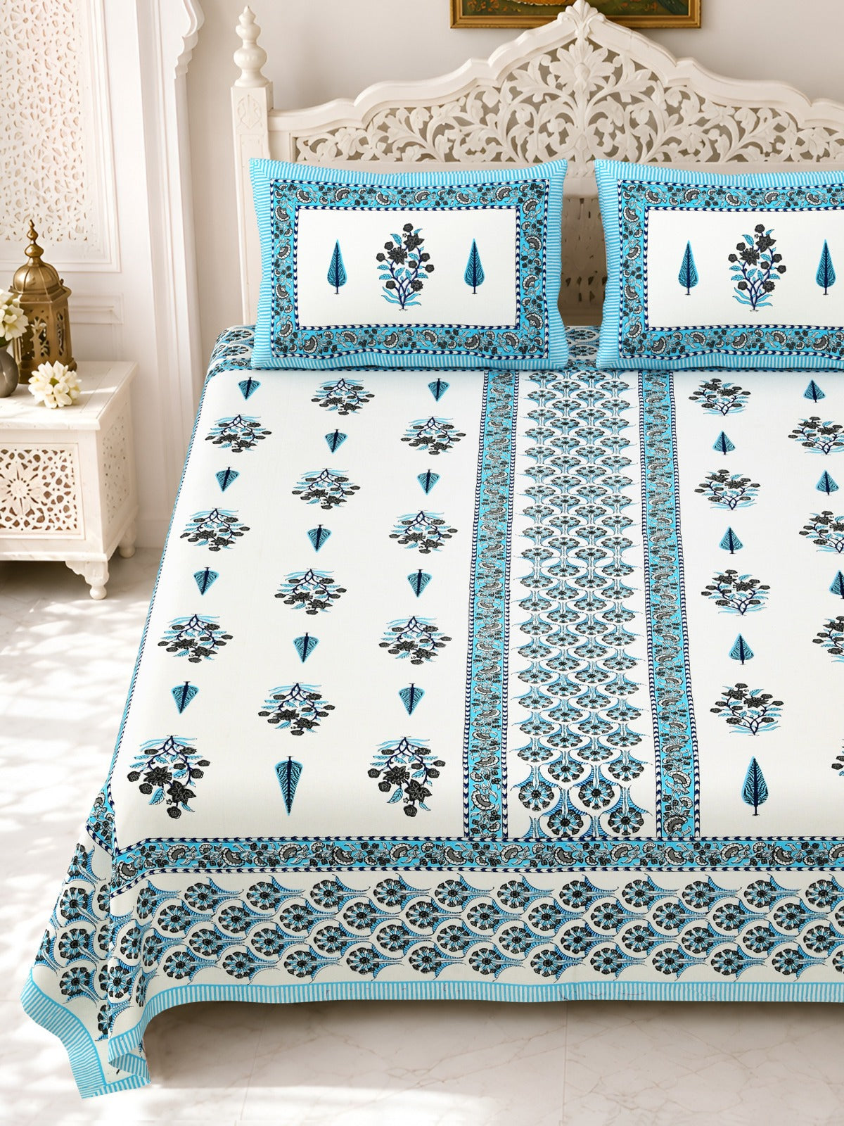 Premium Royal Block Aqua Panel Floral Cotton Double Bedsheet 90x108 with 2 Pillow Covers Bedsheet 1tJB81I2eHR3ohziIYgfH7mcUcFitXMRT_w2000