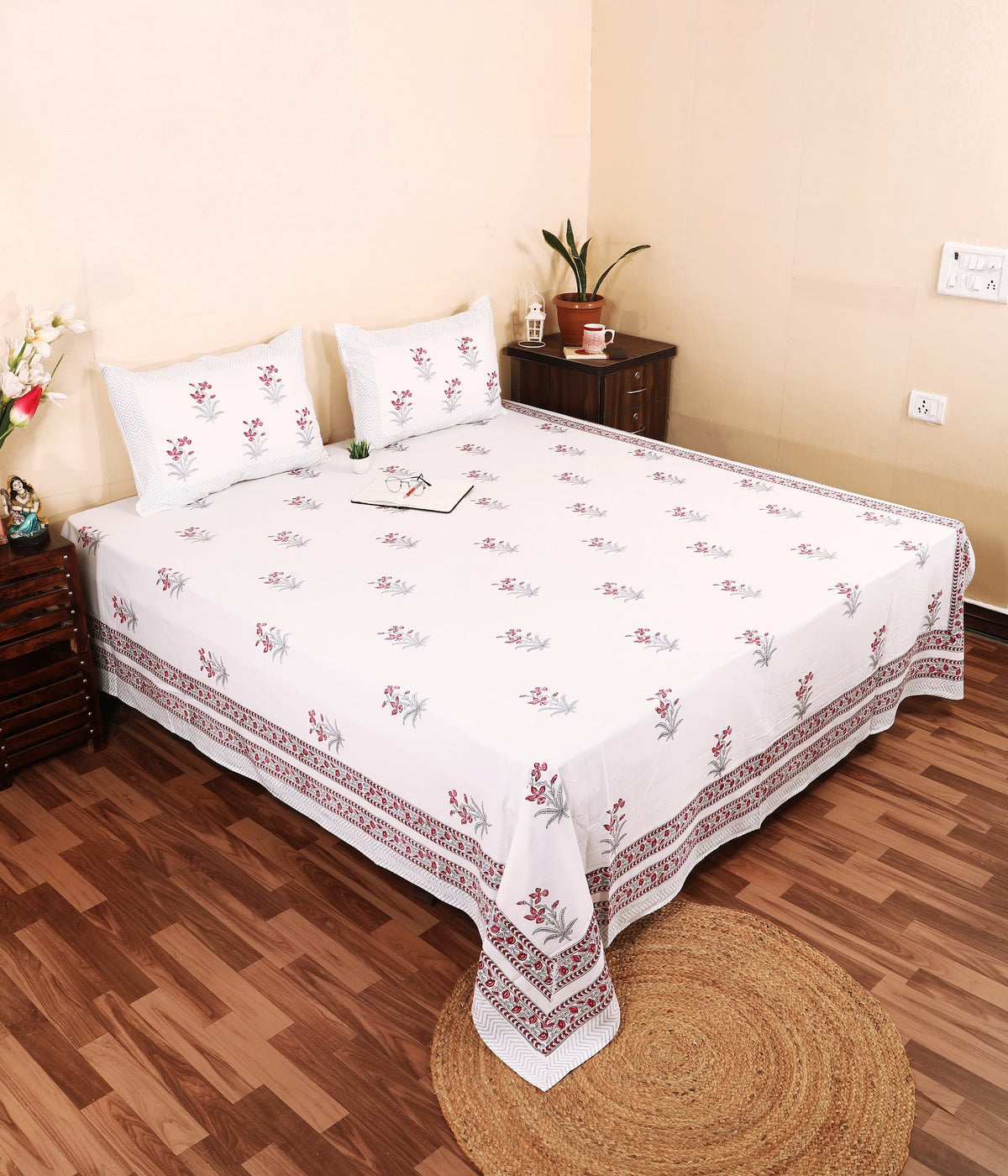 Raj Bagh Phool hand block printed Murugan cotton double bedsheet 95x108 with 2 pillow covers – red and grey – wholesale Jaipur – view 2