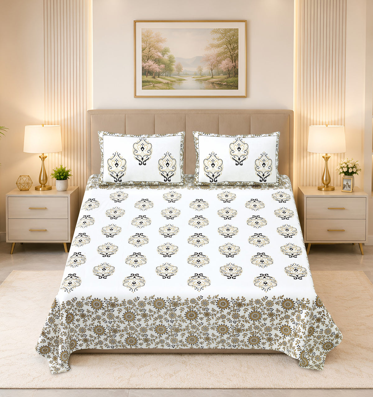 Kalashree Beige Paisley Border premium cotton double bedsheet 100x108 with 2 pillow covers – beige and brown – wholesale Jaipur – view 3