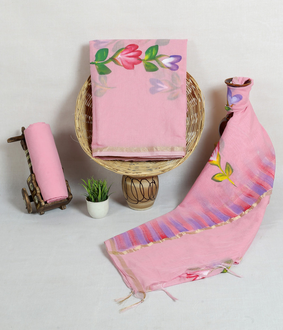 Gulabi Rang Phool Pink Painted Floral Chanderi silk hand-painted suit material