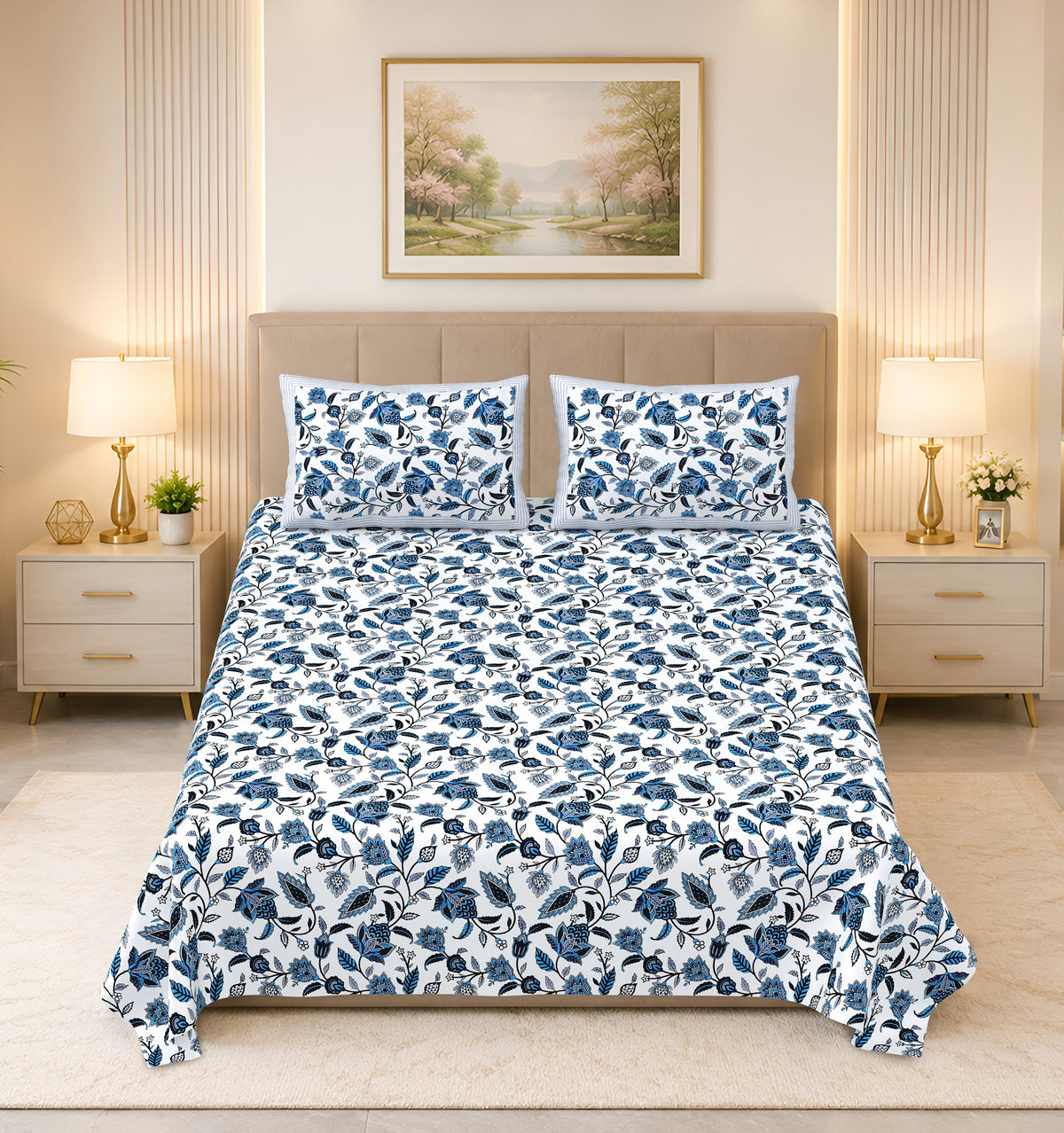 Kalashree Indigo Floral Jaal premium cotton double bedsheet 100x108 with 2 pillow covers – indigo blue – wholesale Jaipur – view 4