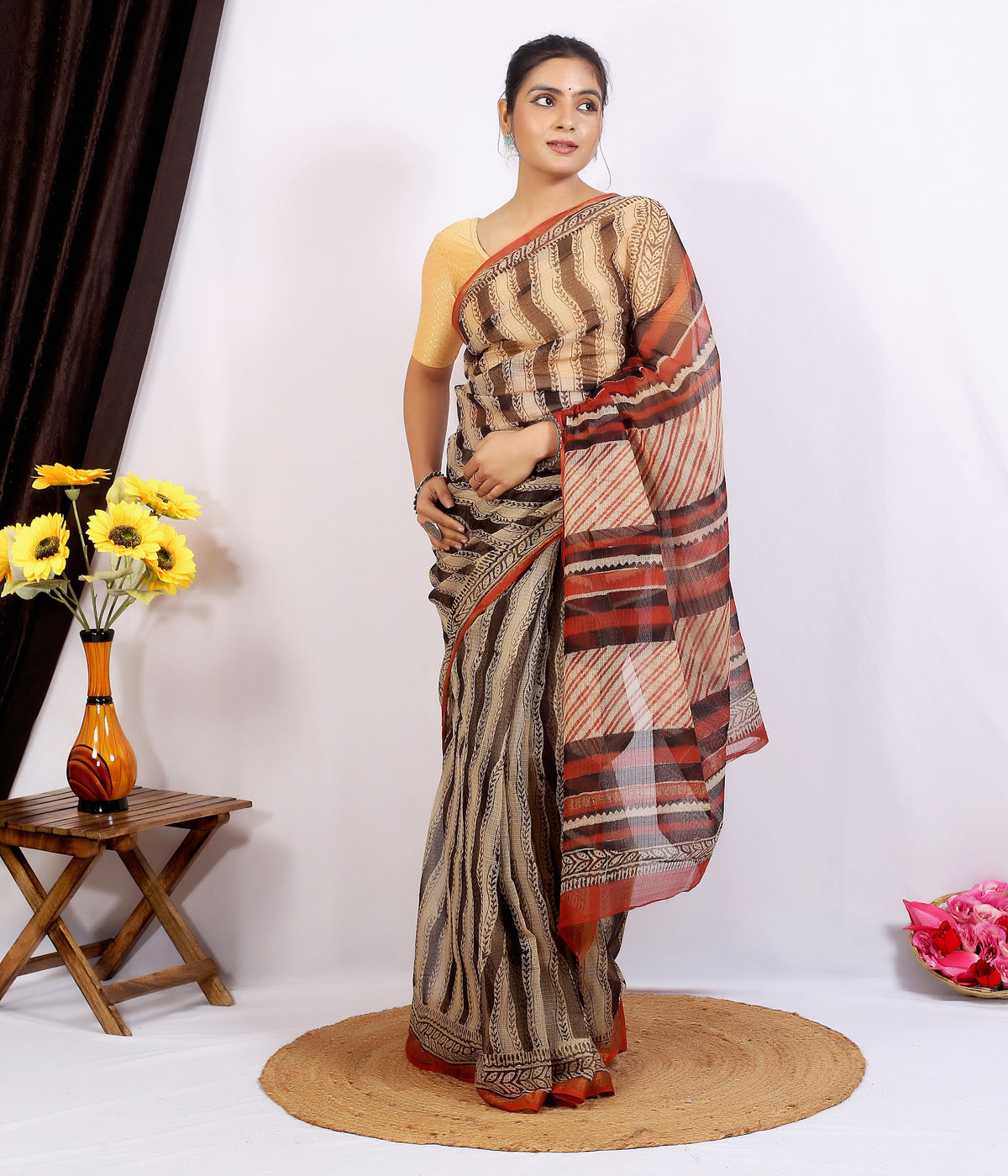 Beige Stripe Bagru Kota Doria bagru hand block print saree with blouse – beige and brown – wholesale Jaipur