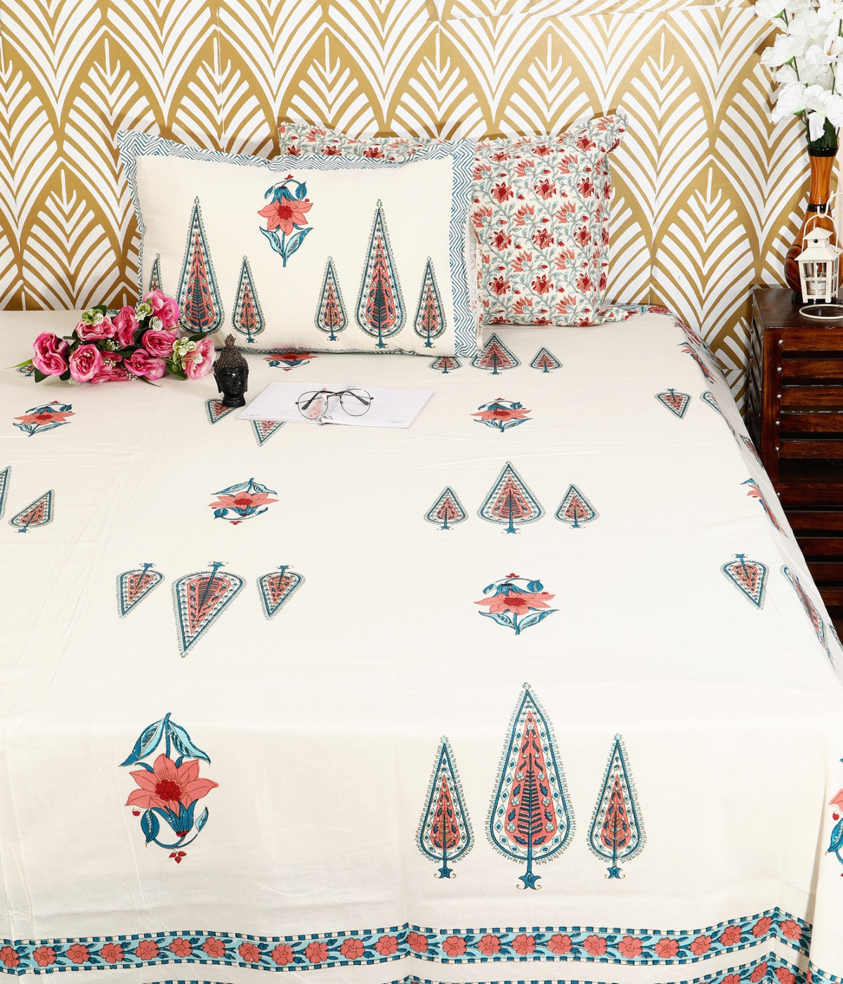 Prakriti Yuvraj Teal Red Cypress Buta Pure Cotton King Size Bedsheet 108x108 with 2 Pillow Covers Bedsheet 1uMhqs0JwTVyd-4gLOxlXDsK7axgMNq-o_w2000