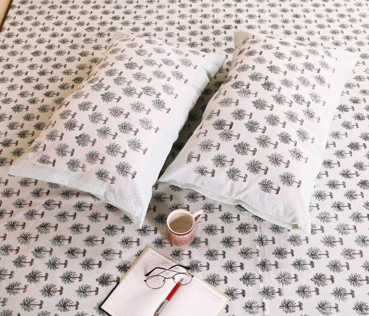 Midnight Palm hand block printed Murugan cotton double bedsheet 95x108 with 2 pillow covers – charcoal grey – wholesale Jaipur – view 6