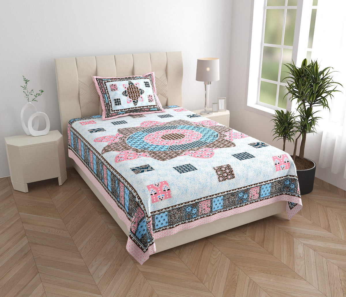 Elora Rose Patchwork Medallion Murugan cotton single bedsheet 60x90 with pillow cover – rose – wholesale Jaipur – view 5