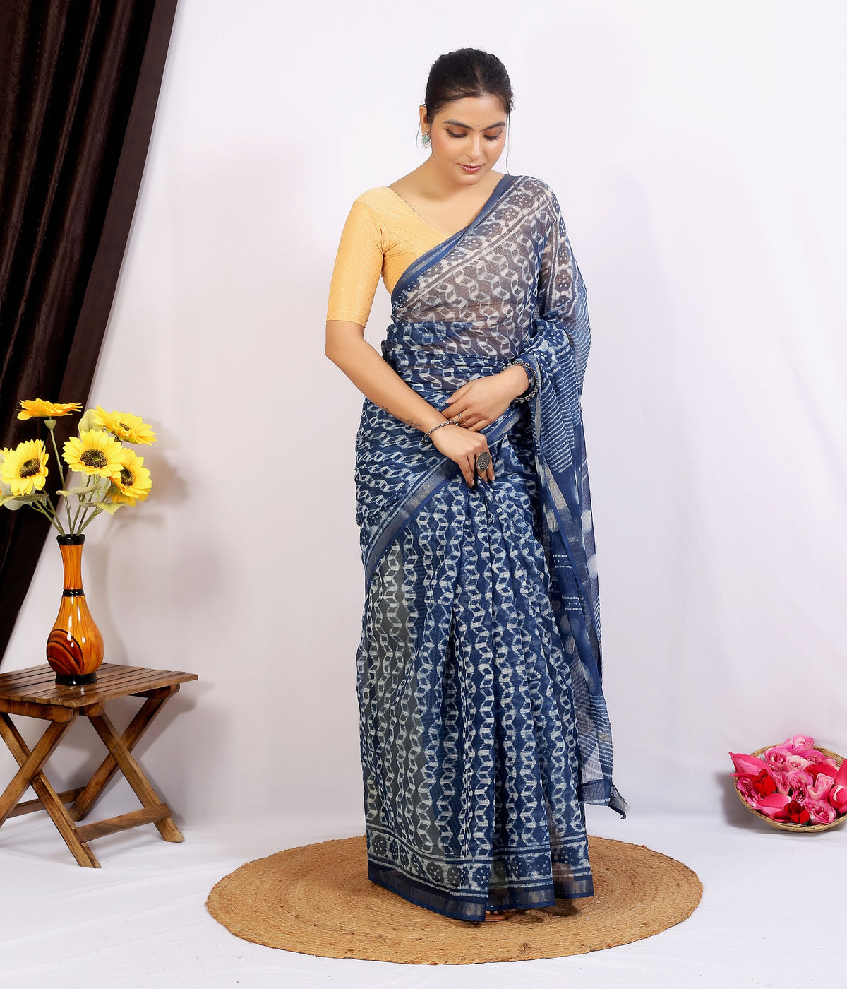 Indigo Polka Dabu Kota Doria Hand Block Print Saree with Blouse Saree 1vL0Mw9B5rMr0ivtz58_pHWkpUT3yEF60_w2000