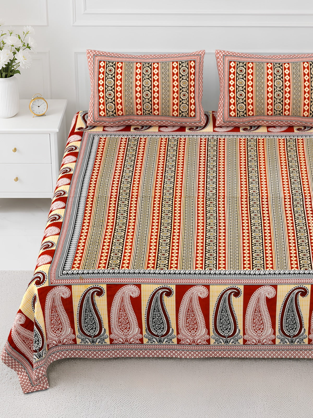 Elite Coral Stripe Paisley Cotton Double Bedsheet 90x108 with 2 Pillow Covers Bedsheet 1vMJ2HJK4idebdkbxjVMveYZOXwffnrl5_w2000