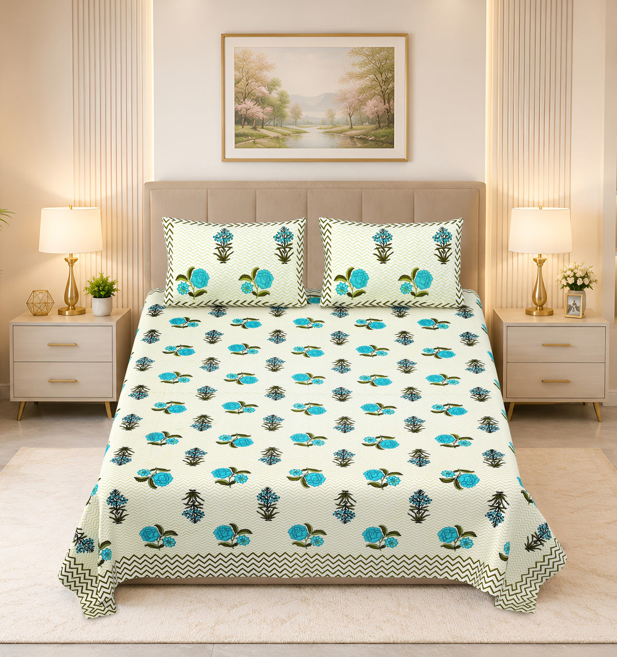 Kalashree Aqua Rose Chevron premium cotton double bedsheet 100x108 with 2 pillow covers – aqua – wholesale Jaipur – view 4