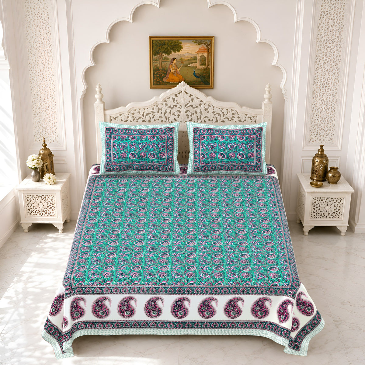 Premium Royal Block Aqua Paisley Border Cotton Double Bedsheet 90x108 with 2 Pillow Covers Bedsheet 1vnx0KSIXHPgvdvNVlAsRKhjAg8auq8c0_w2000