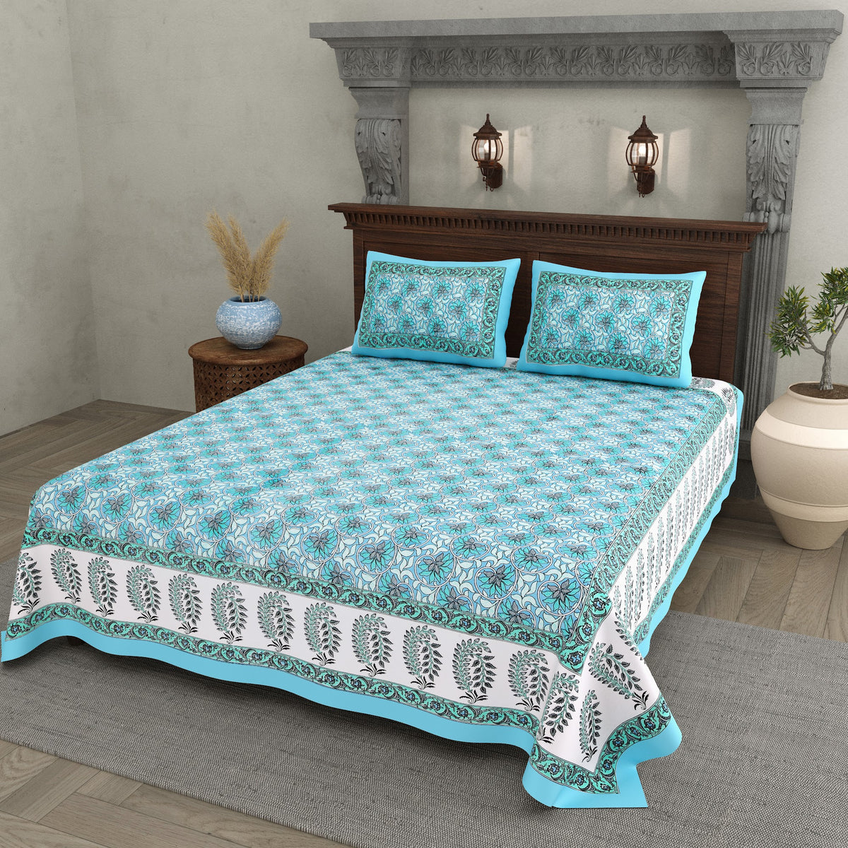 Neelam Turquoise Keri Border Cotton Double Bedsheet 90x108 with 2 Pillow Covers Bedsheet 1vsottNcVmu3bHLbTZeGBOAnEvV_J3ULa_w2000