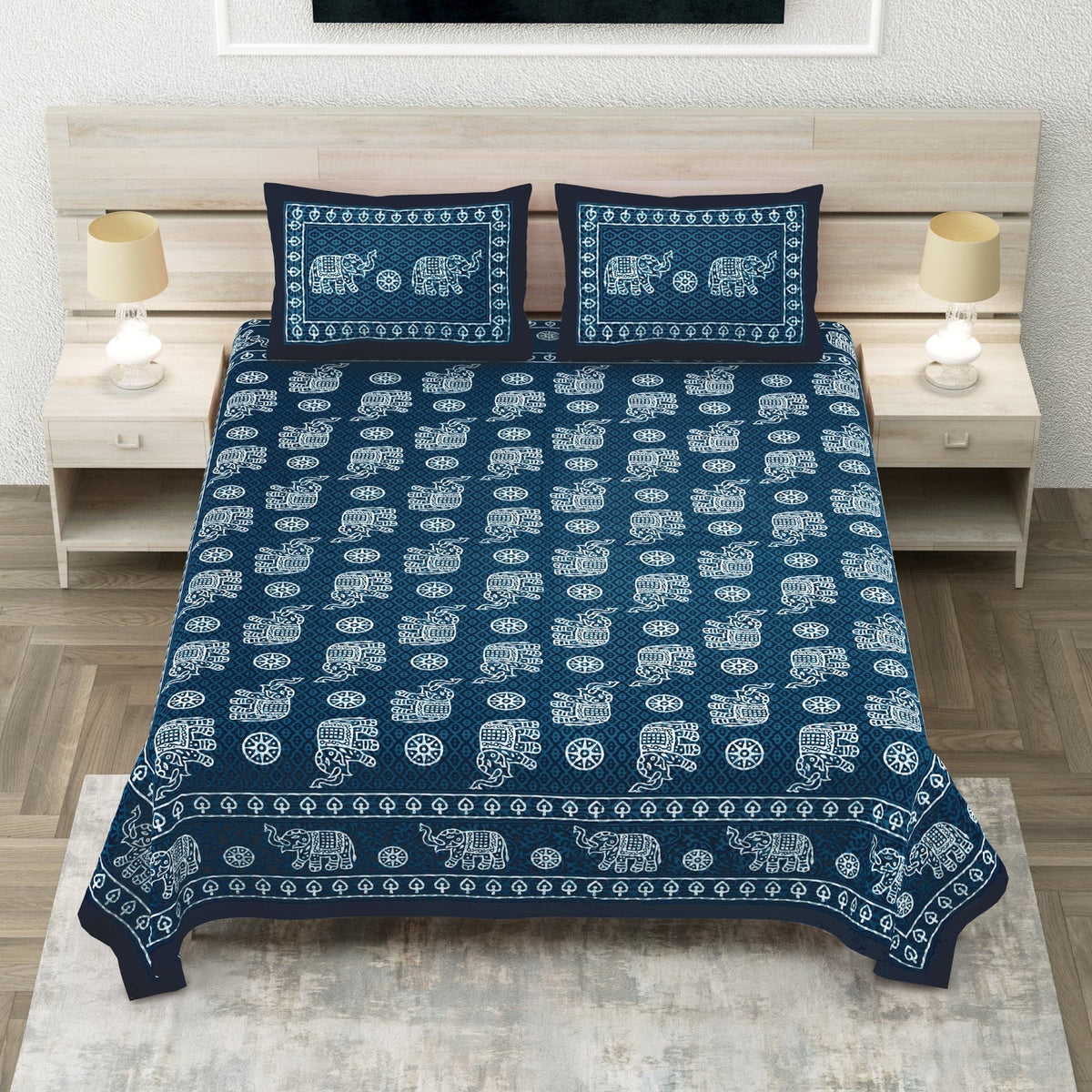 Royal Sanganer Indigo Elephant Haathi Pure Cotton Double Bedsheet 90x108 with 2 Pillow Covers Bedsheet 1wOUZb0_fqRaZky-wyatBnMlmooRVV6kw_w2000