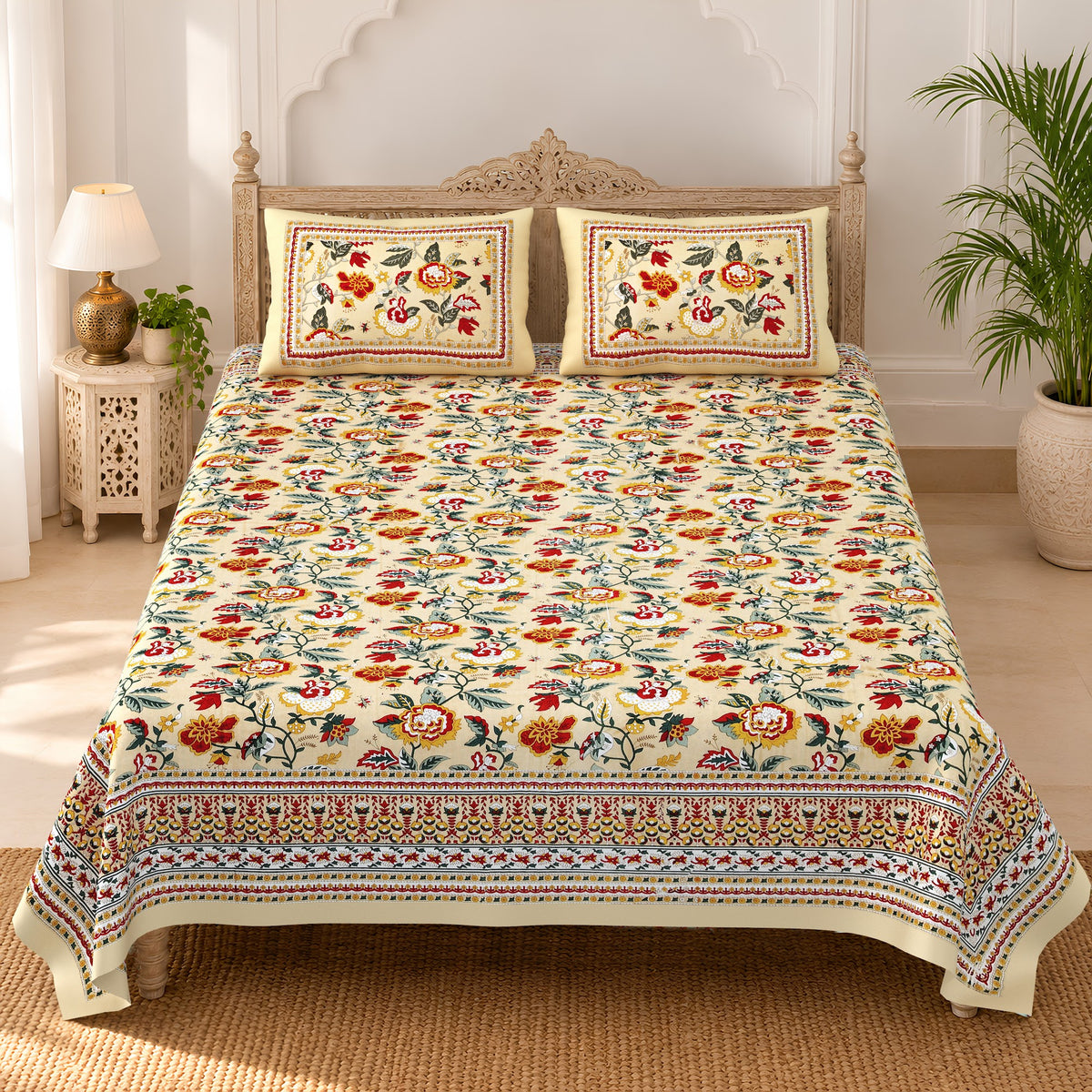 Cream Gulzar Floral pure cotton double bedsheet 90x108 – Unnati collection