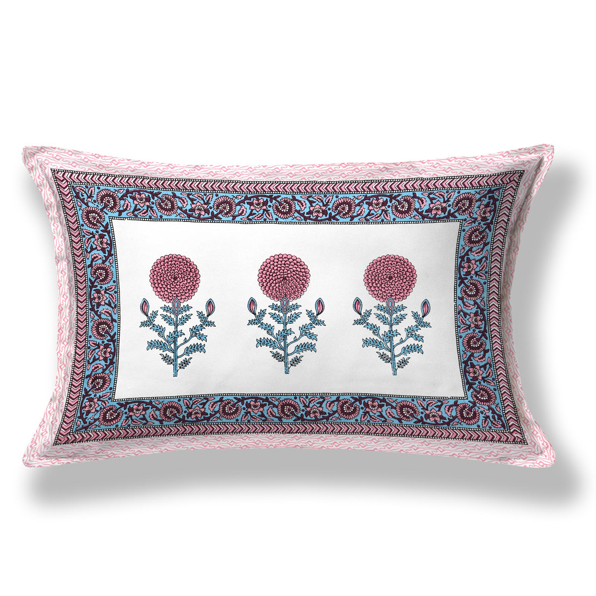 Elora Pink Teal Marigold Buta Murugan cotton single bedsheet 60x90 with pillow cover – pink and teal – wholesale Jaipur – view 2