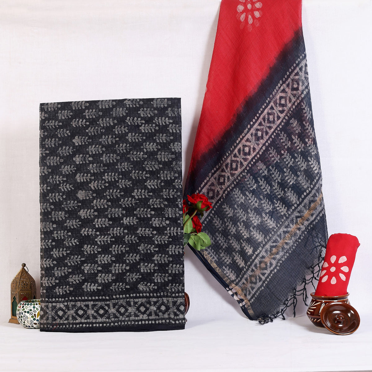 Black Red Leaf Hand Block Print Pure Kota Doria Suit | Kaala Laal Patti | Unstitched 3 Piece (Top & Dupatta Kota) | Wholesale Suit Material 1wiJ2yDlN4_aLL--WDaLbrgtWntV3KA5__w2000