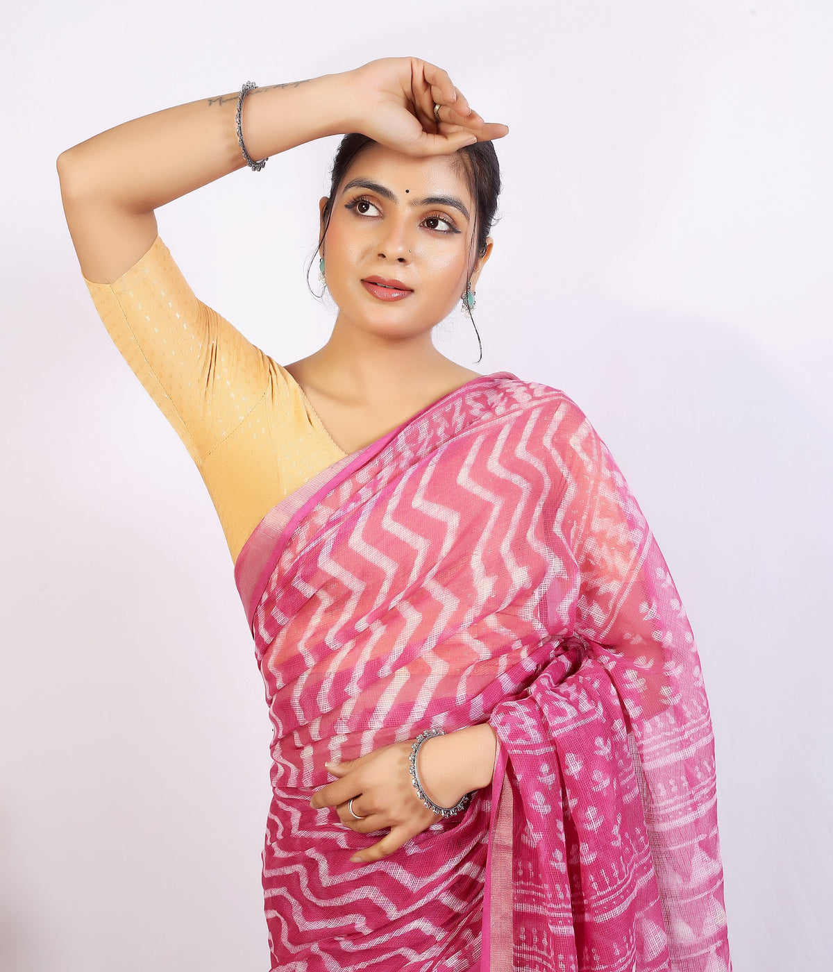Pink Floral Buta Kota Doria bagru hand block print saree with blouse – pink – wholesale Jaipur – view 2
