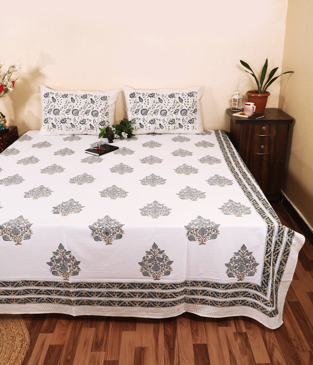 Khaki Guldasta Hand Block Printed Murugan Cotton Double Bedsheet 95x108 with 2 Pillow Covers Bedsheet 1wtieGu2jJ-YR78wR51lXw696hCa9VFcV_w2000